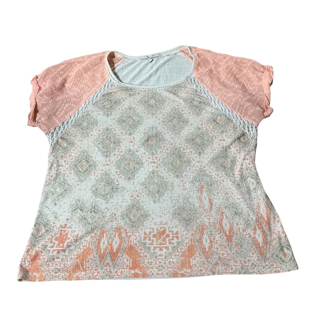 Miss Me Womens L Peach Boho Medallion Print Swiss Dot Short Sleeve Top MT1162S